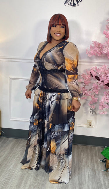 V- Neck Front Slit Long sleeve Long Dress